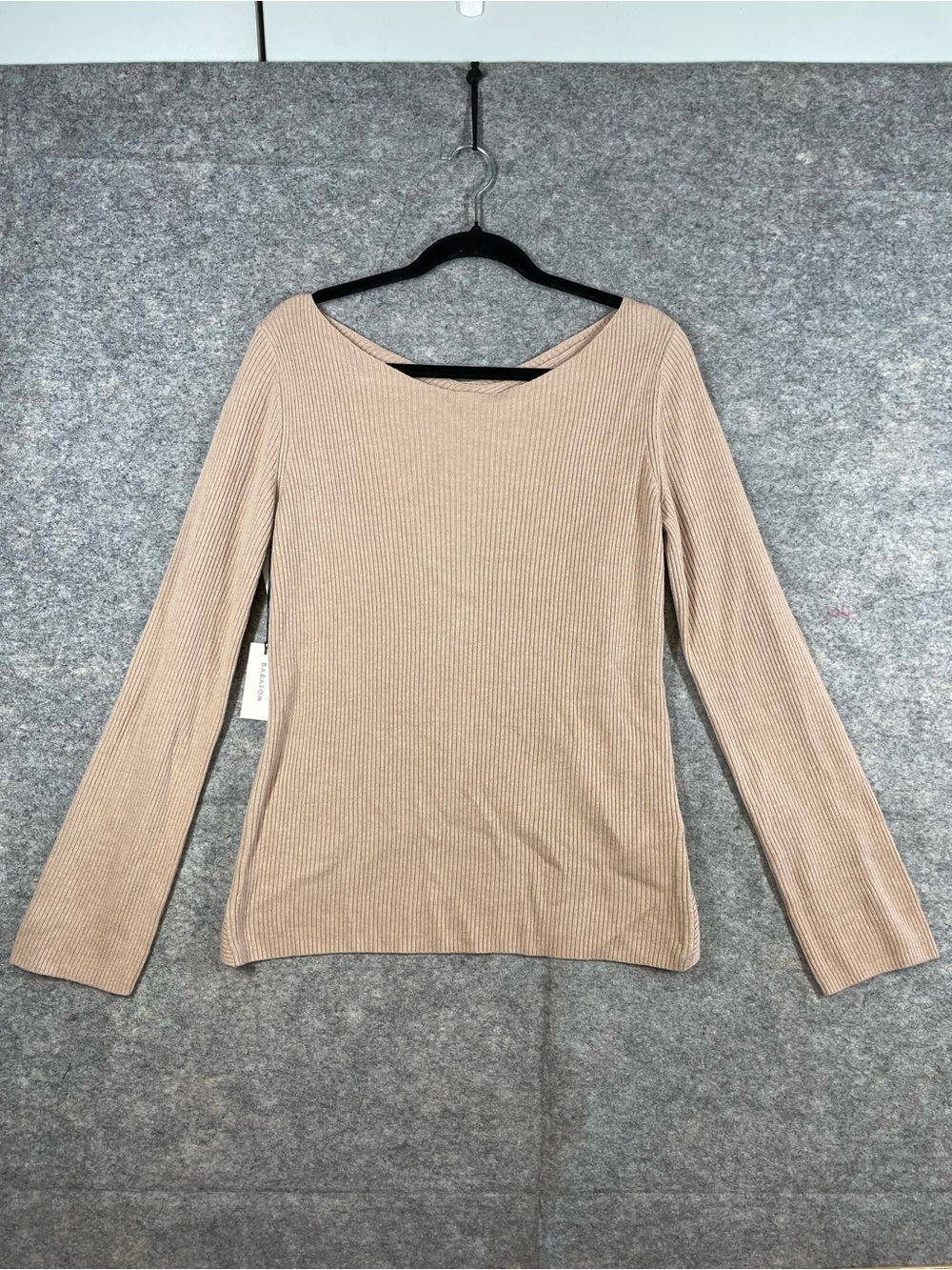 Babaton Aritzia Kitano Beige Ribbed Knit Sweater Medium Wrap Back Minimalist